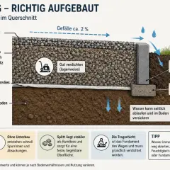 Querschnitt eines Kieswegs: Schichtenaufbau mit Kies, Tragschicht, Geotextil und Erdreich. Randbegrenzung stabilisiert den Weg.