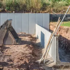 Baggerlöffel und Werkzeuge liegen bereit. Die Bauarbeiter sind dabei, l steine setzen für eine neue Mauer.