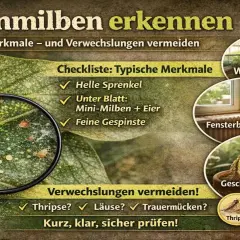 Spinnmilben erkennen: Helle Sprenkel, Mini-Milben & Eier unter dem Blatt, feine Gespinste. Vermeide Verwechslungen mit Thripsen, Läusen, Trauermücken.
