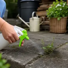 Mit einem Sprühflasche wird Unkraut in Fugen entfernt.