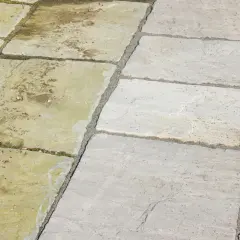 Terrassenplatten reinigen: Eine Hälfte der Platten ist sauber und hellgrau, die andere ist schmutzig und grünlich.