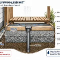 Schnittzeichnung einer Gartendusche: Holzrost, Ablauf, Schichtenaufbau für den Bau einer Gartendusche.