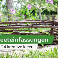 Ein rustikaler Holzzaun als Beeteinfassung, der mit seinen natürlichen Materialien und der geflochtenen Struktur für **ideen beeteinfassung mal anders** steht.