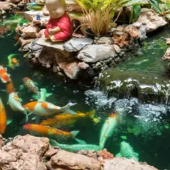 Bunte Koi schwimmen in einem Teich mit Wasserfall und Buddha-Figuren. Tolle koi teich ideen für Ihren Garten.