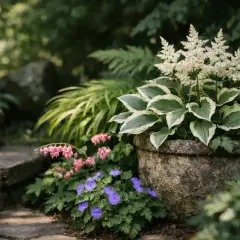Ein idyllischer staudengarten anlegen: Hosta, Astilbe und Storchschnabel blühen neben einer Steintreppe.