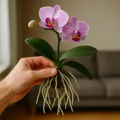 Eine Hand hält eine blühende Orchidee mit langen, gesunden Wurzeln. Diese Orchideen ohne Erde zeigen ihre faszinierende Wurzelstruktur.