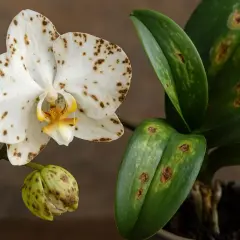 Weiße Orchideenblüte mit braunen Flecken, die auf Orchideen Krankheiten hindeuten. Blätter zeigen ebenfalls braune, nekrotische Stellen.