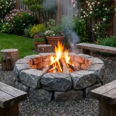Gemütliche Feuerstelle bauen: Ein Steinring mit loderndem Feuer, umgeben von Holzstämmen und Bänken, lädt zum Verweilen ein.