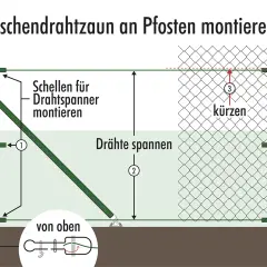 Illustration zeigt die Maschendrahtzaun Montage an Pfosten. Drahtspanner werden montiert, Drähte gespannt und der Zaun gekürzt.