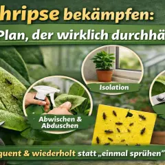 Thripse bekämpfen: Isolation, Abwischen, Schäden entfernen. Konsequente Maßnahmen sind das beste Hausmittel gegen Thripse.