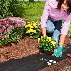 Frau befestigt Unkrautvlies im Garten, um neue Blumen zu pflanzen. Werkzeuge wie Schere und Spaten liegen bereit.