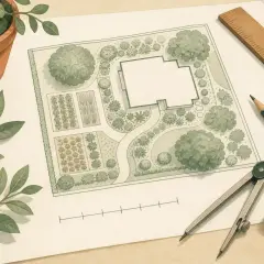 Ein detaillierter Plan, um einen Garten zu zeichnen, mit Haus, Beeten, Bäumen und Wegen. Werkzeuge wie Zirkel, Bleistift und Lineal liegen bereit.