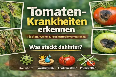 Tomatenkrankheiten erkennen: Flecken, Welke & Fruchtprobleme verstehen. Ursachen für kranke Tomatenfrucht: Krankheit, Wasserstress, Pflegefehler.