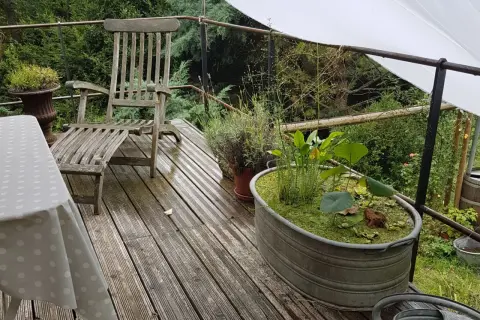 Kleine Gartenteich Ideen: Ein Zinkbottich mit Wasserpflanzen und Seerosen auf einer Holzterrasse neben einem alten Holzstuhl.