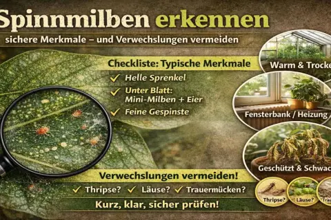 Spinnmilben erkennen: Helle Sprenkel, Mini-Milben & Eier unter dem Blatt, feine Gespinste. Vermeide Verwechslungen mit Thripsen, Läusen, Trauermücken.