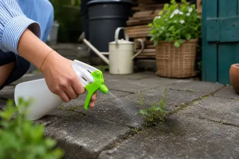 Mit einem Sprühflasche wird Unkraut in Fugen entfernt.