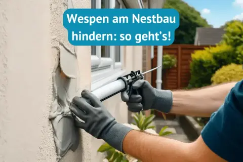 Person dichtet Risse am Haus ab, um Wespen am Nestbau zu hindern.