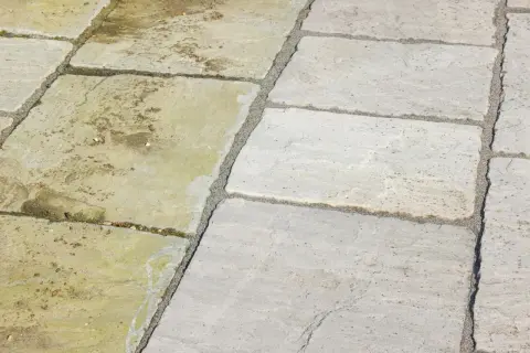 Terrassenplatten reinigen: Eine Hälfte der Platten ist sauber und hellgrau, die andere ist schmutzig und grünlich.