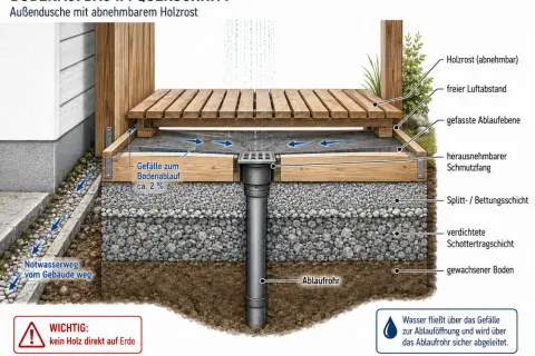 Schnittzeichnung einer Gartendusche: Holzrost, Ablauf, Schichtenaufbau für den Bau einer Gartendusche.