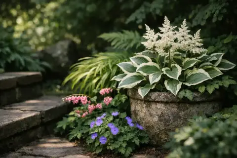 Ein idyllischer staudengarten anlegen: Hosta, Astilbe und Storchschnabel blühen neben einer Steintreppe.