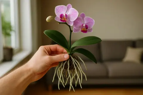 Eine Hand hält eine blühende Orchidee mit langen, gesunden Wurzeln. Diese Orchideen ohne Erde zeigen ihre faszinierende Wurzelstruktur.