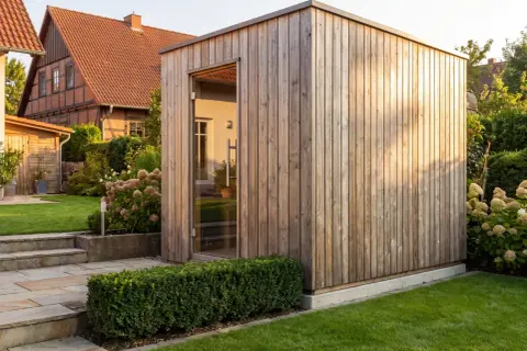 Moderne Gartensauna aus Holz mit Glasfront, ein Traum für jeden, der seine eigene Gartensauna selber bauen möchte.