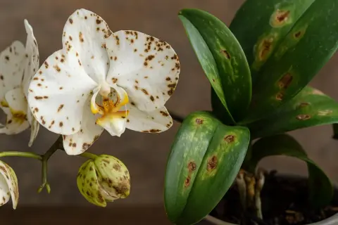 Weiße Orchideenblüte mit braunen Flecken, die auf Orchideen Krankheiten hindeuten. Blätter zeigen ebenfalls braune, nekrotische Stellen.