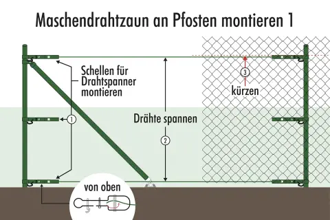 Illustration zeigt die Maschendrahtzaun Montage an Pfosten. Drahtspanner werden montiert, Drähte gespannt und der Zaun gekürzt.