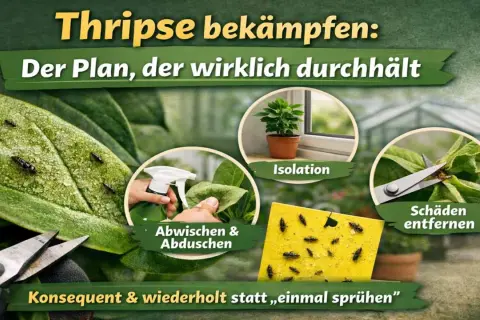 Thripse bekämpfen: Isolation, Abwischen, Schäden entfernen. Konsequente Maßnahmen sind das beste Hausmittel gegen Thripse.