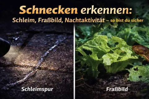 Schnecken erkennen: Schleimspuren auf dem Boden und Fraßbilder an Salat zeigen, dass sie aus der Erde kommen.