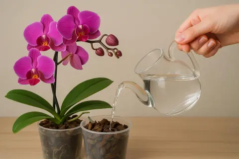 Eine Hand gießt Wasser über eine wunderschöne lila Orchidee. Die Orchideen in Wasser halten ist wichtig für ihre Pflege.