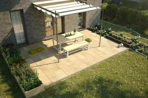 Moderne terasse gestalten mit Pergola, Tisch, Bank und Hochbeeten. Sonnige Oase mit Pflanzen und Rasen.