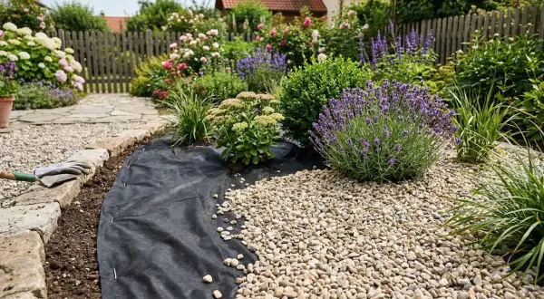 Gartenarbeit: Unkrautvlies verlegen, um Beete mit Kies zu bedecken und Pflanzen wie Lavendel zu schützen. Handschuhe und Spaten liegen bereit.