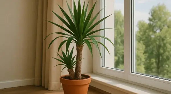 Zwei Yucca-Palmen in einem Terrakotta-Topf stehen am Fenster. Der ideale yucca palme standort ist hell und sonnig.