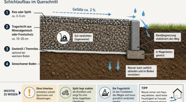 Querschnitt eines Kieswegs: Schichtenaufbau mit Kies, Tragschicht, Geotextil und Erdreich. Randbegrenzung stabilisiert den Weg.