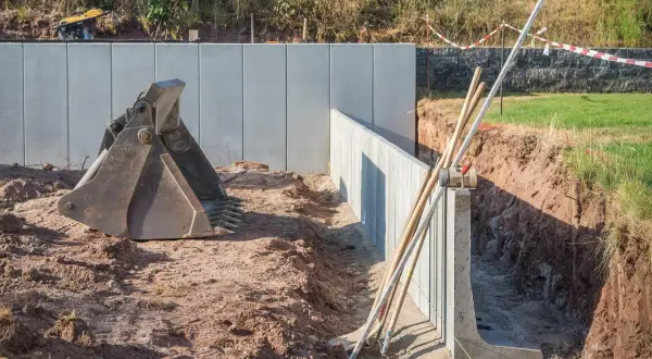 Baggerlöffel und Werkzeuge liegen bereit. Die Bauarbeiter sind dabei, l steine setzen für eine neue Mauer.