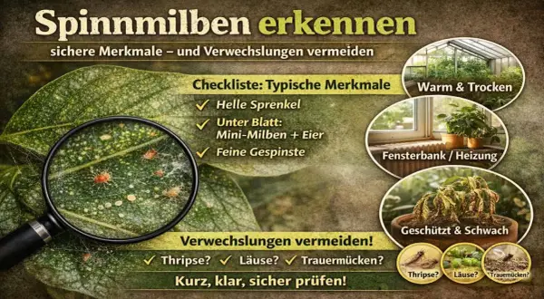Spinnmilben erkennen: Helle Sprenkel, Mini-Milben & Eier unter dem Blatt, feine Gespinste. Vermeide Verwechslungen mit Thripsen, Läusen, Trauermücken.