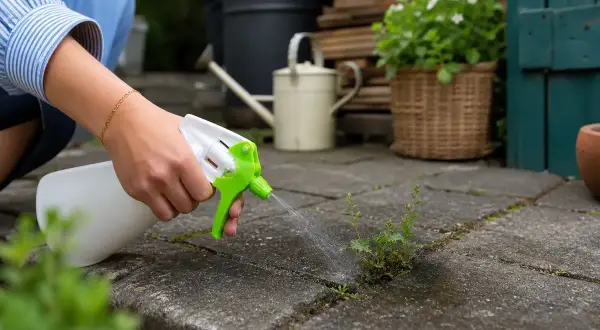 Mit einem Sprühflasche wird Unkraut in Fugen entfernt.