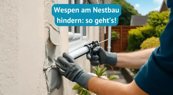 Person dichtet Risse am Haus ab, um Wespen am Nestbau zu hindern.