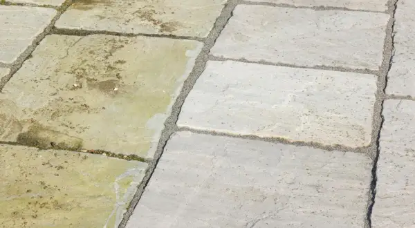 Terrassenplatten reinigen: Eine Hälfte der Platten ist sauber und hellgrau, die andere ist schmutzig und grünlich.