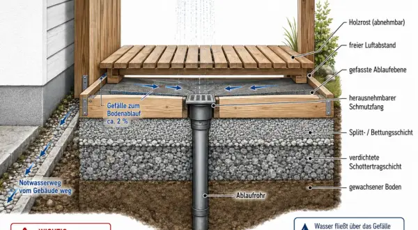 Schnittzeichnung einer Gartendusche: Holzrost, Ablauf, Schichtenaufbau für den Bau einer Gartendusche.