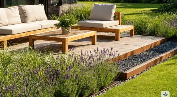 Moderne terrassenumrandung ideen mit Cortenstahl und Kies. Holzmöbel und Lavendel schaffen eine einladende Atmosphäre.
