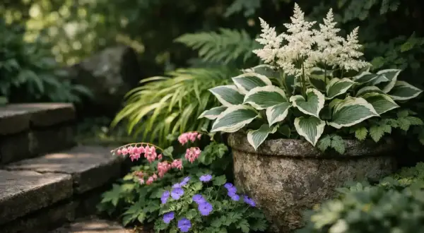 Ein idyllischer staudengarten anlegen: Hosta, Astilbe und Storchschnabel blühen neben einer Steintreppe.