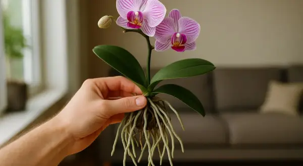 Eine Hand hält eine blühende Orchidee mit langen, gesunden Wurzeln. Diese Orchideen ohne Erde zeigen ihre faszinierende Wurzelstruktur.