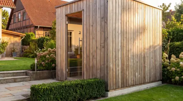 Moderne Gartensauna aus Holz mit Glasfront, ein Traum für jeden, der seine eigene Gartensauna selber bauen möchte.