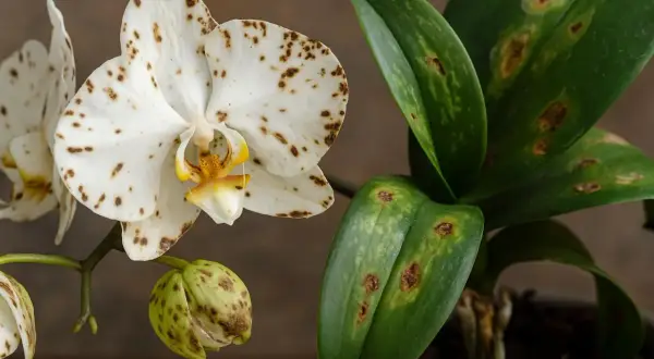 Weiße Orchideenblüte mit braunen Flecken, die auf Orchideen Krankheiten hindeuten. Blätter zeigen ebenfalls braune, nekrotische Stellen.