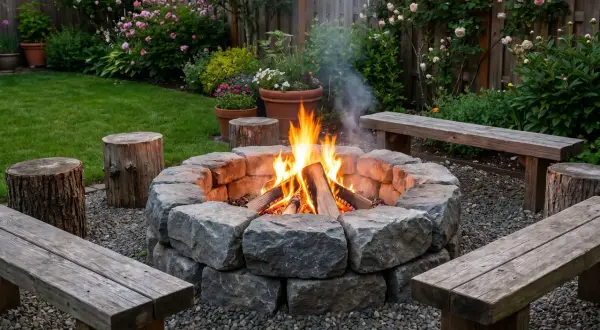 Gemütliche Feuerstelle bauen: Ein Steinring mit loderndem Feuer, umgeben von Holzstämmen und Bänken, lädt zum Verweilen ein.