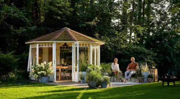 Ein Paar genießt die Abendsonne im Garten. Der Pavillon und die Bäume schaffen angenehme Schatten im Garten.