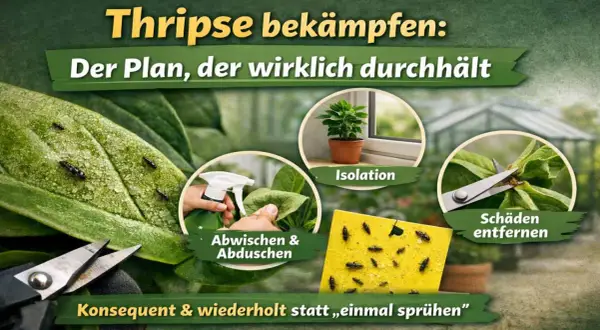 Thripse bekämpfen: Isolation, Abwischen, Schäden entfernen. Konsequente Maßnahmen sind das beste Hausmittel gegen Thripse.