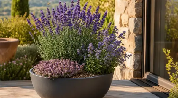 Ein großer grauer Topf mit duftendem Lavendel und Thymian steht auf einer Holzterrasse. Die lavendel erde blüht prächtig, eine Biene summt vorbei.